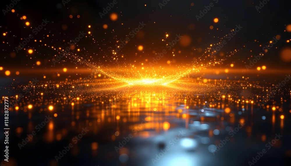Fototapeta premium Golden particle explosion against dark backdrop conveys power, potential, and innovation�perfect for tech conferences, product launches, or sci-fi themed media