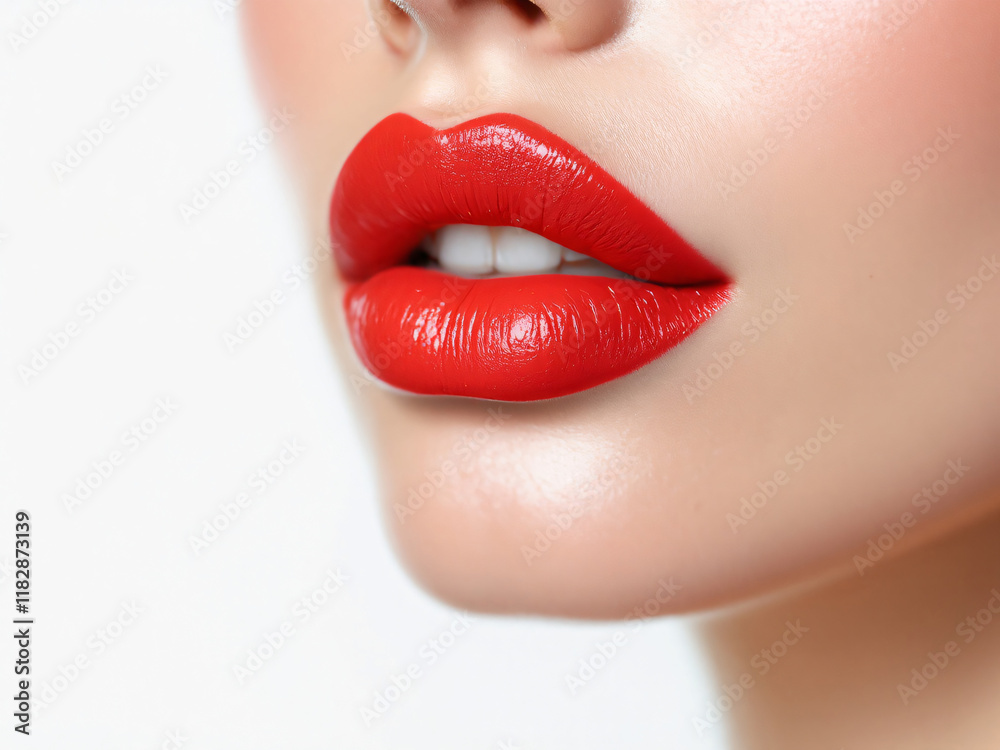 Fototapeta premium Lips, Red, Glossy, Kiss, Lipstick, Makeup, Beauty, Sensual, Close-up, Glamour, Sexy, Mouth, Cosmetics, Fashion, Passion, Desire, Attractive, Feminine, Bold, Vibrant, Alluring, Pout, Smile, Love, Roman