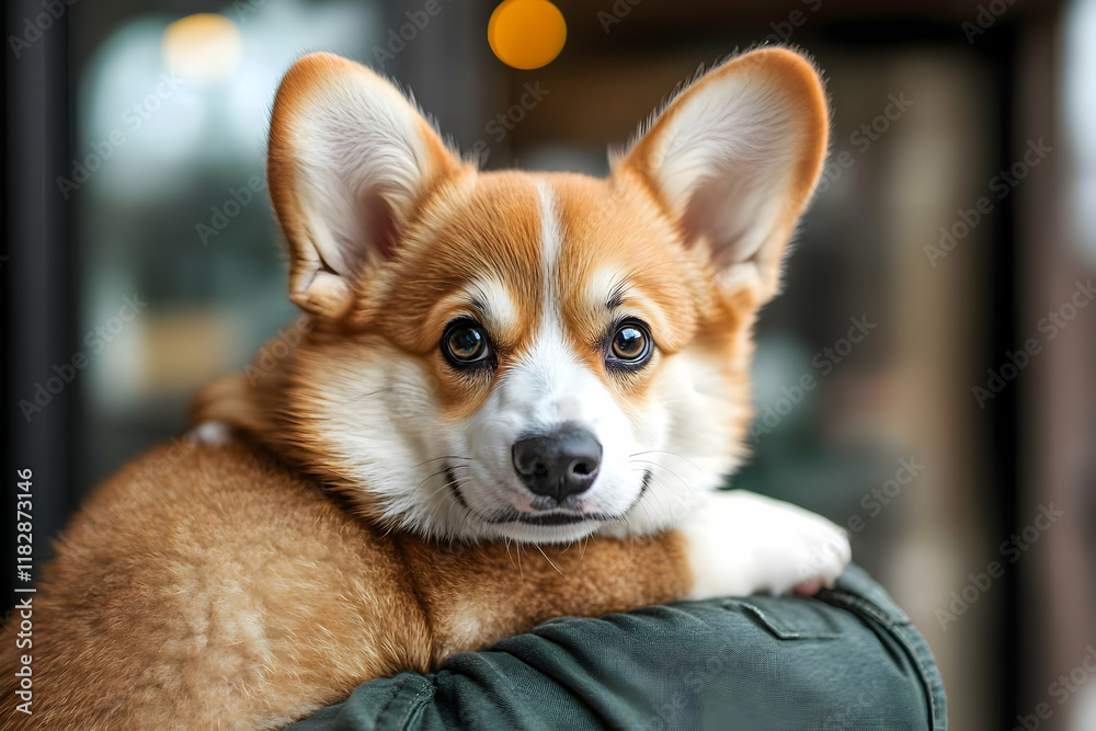Adorable Puppy Rests Comfortably on a Person's Lap, Gazing Calmly with Expressive Eyes Adorable Puppy Rests Comfortably on a Person's Lap, Gazing Calmly with Expressive Eyes