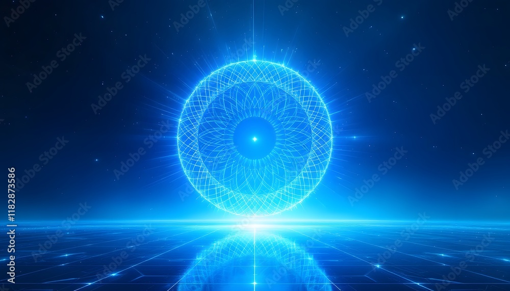 Obraz premium Glowing blue circular digital eye pattern in the cosmos, conveys high tech and innovation, suitable for presentations, tech events, or digital media content,