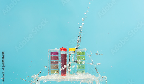 PH acid level test kit on quality water on purple yellow. Water splashing on PH acid level tester kit over blue background photo