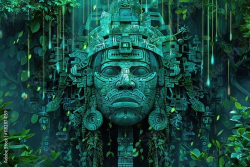 Chac Mayan rain god in vibrant forest illustration design photo