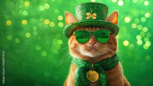 Cute cat wearing green hat and sunglasses for st. patrick's day, symbolizing irish celebration and festive fun