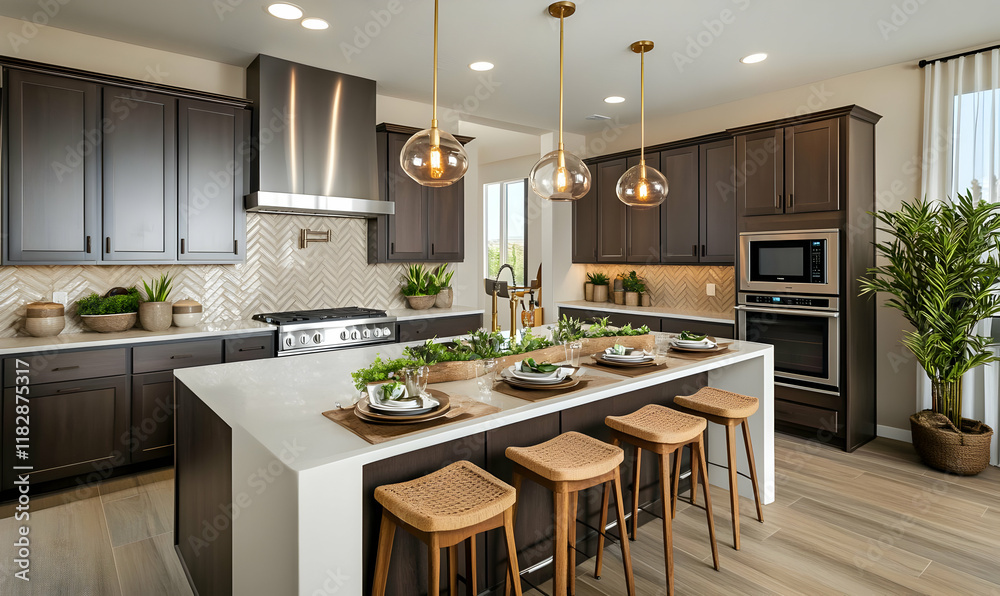 Modern kitchen with elegant design, featuring an island and stylish lighting. Modern kitchen with elegant design, featuring an island and stylish lighting.