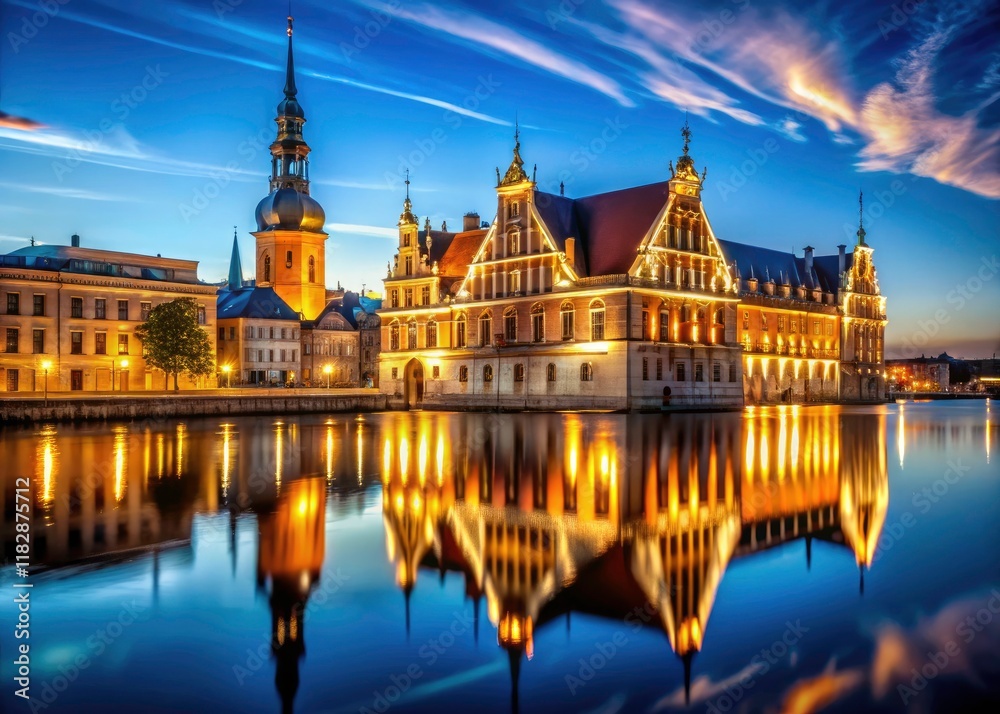 Fototapeta premium Riga's illuminated Town Hall and Daugava Riverâ€”a breathtaking night scene perfectly captured.