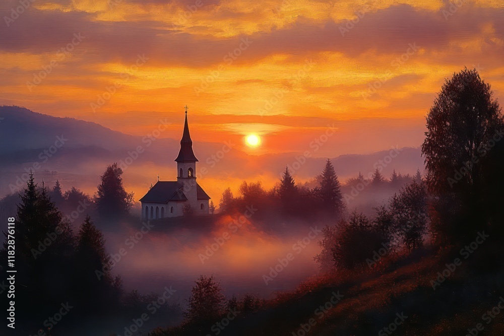 Obraz premium Serene Sunrise Over Misty Hills and Church Silhouette with Warm Orange and Pink Sky