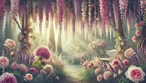 romantic garden background with hanging wisteria, lavender, and roses, creating a dreamy and ethereal atmosphere. Generative AI