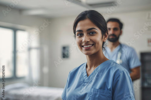Portrait of happy Indian female nurse in blue uniform and looking at the camera on blurred background of male surgeon