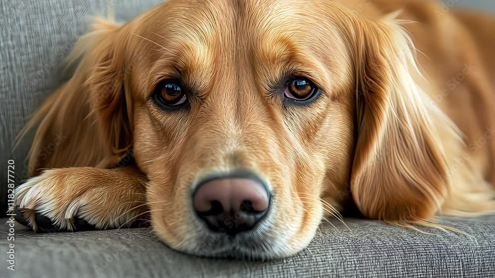 Close up of Adorable Golden Retrievers face resting with its head on its paws looking around on a couch.. Close up of Adorable Golden Retrievers face resting with its head on its paws looking around on a couch..