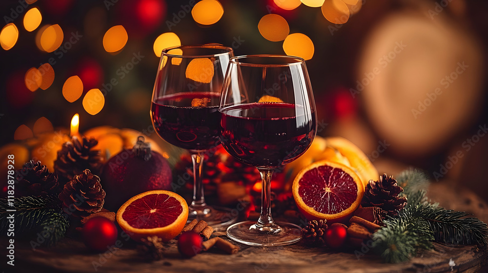 Two Glasses of Red Wine with Festive Holiday Decorations Grace a Rustic Wooden Table Two Glasses of Red Wine with Festive Holiday Decorations Grace a Rustic Wooden Table