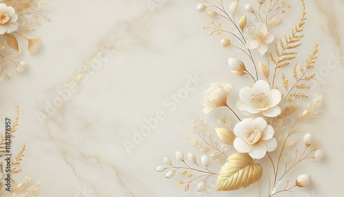 Subtle marble texture in ivory and gold tones with soft floral accents, creating an elegant wedding card background. Generative AI