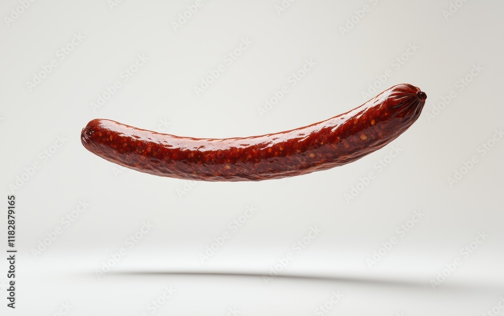 A cured sausage loop elegantly floating in mid-air against a pure white background A cured sausage loop elegantly floating in mid-air against a pure white background