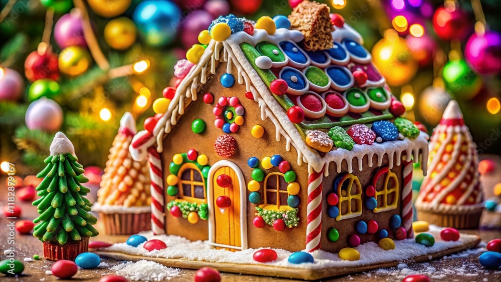 Naklejka premium Festive Gingerbread House Macro Photography: Christmas Baking Detail