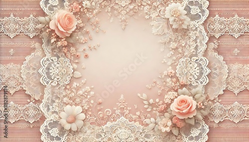 Light blush pink background adorned with intricate lace patterns and soft floral borders for a romantic look