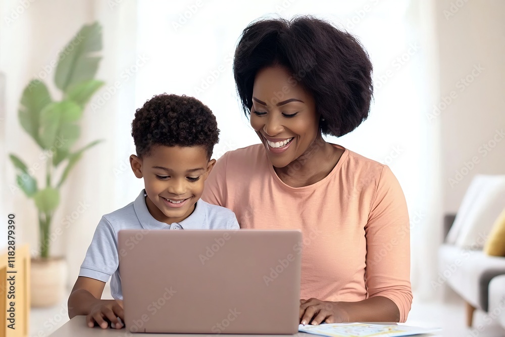 Loving African American Mother Helps Son with Homework on Laptop in Cozy Home Loving African American Mother Helps Son with Homework on Laptop in Cozy Home