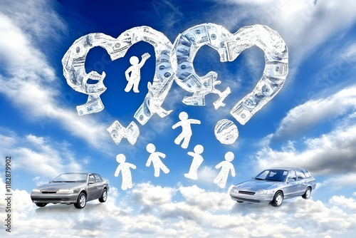 Money Hearts and Stick Figures Float Above Cars in a Cloudy Sky Illustration
