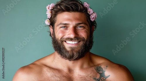 Shirtless man with flower crown and beard smiles at the camera. Ideal for beauty, wellness, or lifestyle campaigns promoting natural, carefree living.