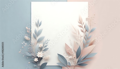 Soft gradient background in dusty blue and blush pink with minimalistic floral accents for a modern wedding card. Generative AI