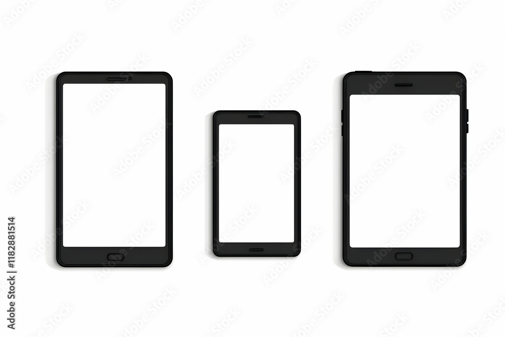 Three Black Smartphones with Blank Screens on a White Background Three Black Smartphones with Blank Screens on a White Background