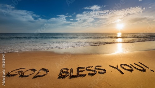砂浜に書かれた祝福の言葉god bless you。背景は青い空と海の風景。aiで生成