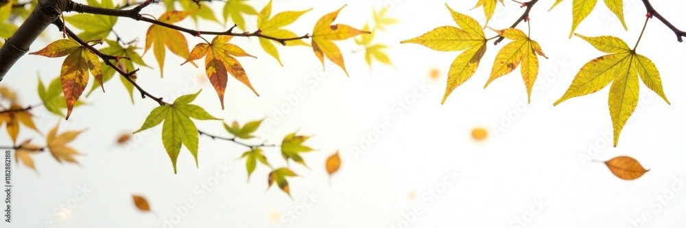 Flexible willow branches with leaves scattered on a white background, natural elements, foliage, autumnal scene Flexible willow branches with leaves scattered on a white background, natural elements, foliage, autumnal scene
