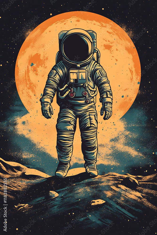 Fototapeta premium An astronaut stands on a lunar surface with a large, glowing moon in the background.
