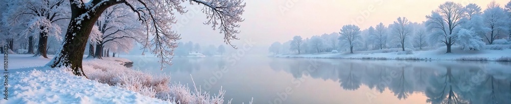 Frosty morning with snow-covered trees and a frozen pond, frosty morning, icy, tree Frosty morning with snow-covered trees and a frozen pond, frosty morning, icy, tree