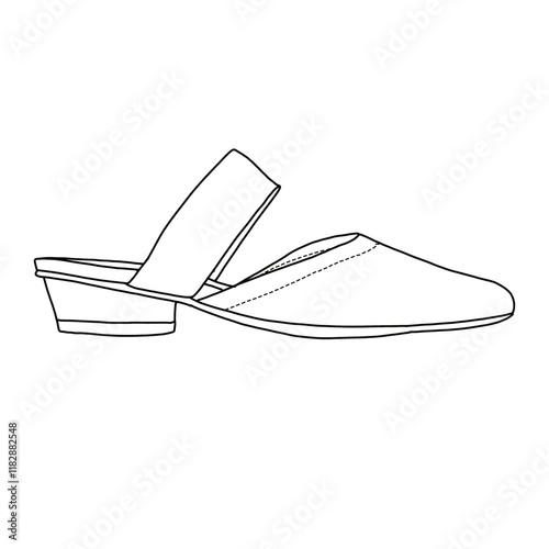 Women's Mules Medium Heeled Sandals with pointed toe shoes line art, Technical sketch hand drawing outline vector doodle side view isolated on white background for coloring page