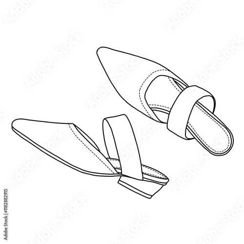 Women's Mules Medium Heeled Sandals with pointed toe shoes line art, Technical sketch hand drawing outline vector doodle top and side view isolated on white background for coloring page