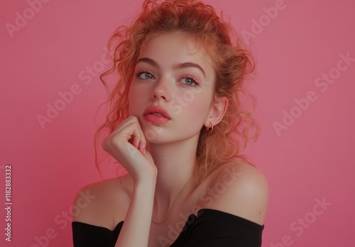 Portrait of a Young Woman with Red Curly Hair Against a Pink Background  A Stunning Beauty Shot photo