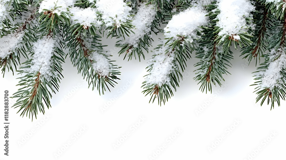 Snow-Dusted Pine Branches Create a Festive Winter Border on White Background Snow-Dusted Pine Branches Create a Festive Winter Border on White Background