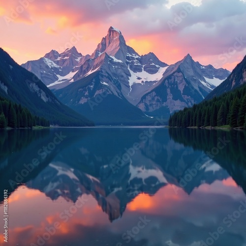 Mountain peaks descend into a serene lake at sunset, mountains, mountain range, hills photo