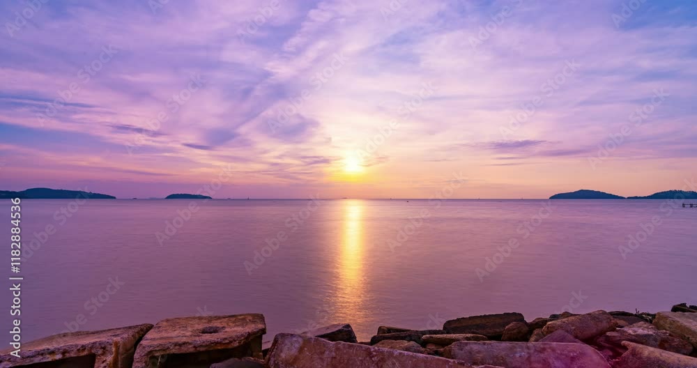 Time lapse of Majestic sunrise clouds over sea landscape,Amazing light of nature cloudscape sky and Clouds moving away rolling colorful sunrise clouds,Footage timelapse,Nature environment background