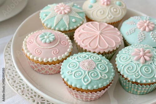 Cupcakes decorated with intricate frosting designs in pastel colors. photo