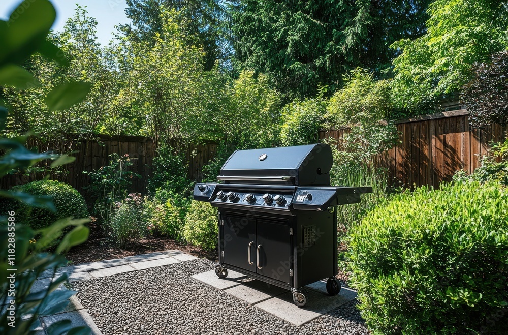 Modern Outdoor Grill in a Lush Garden Setting Surrounded by Vibrant Greenery and Trees, Perfect for Summer Barbecues and Outdoor Entertaining Moments Modern Outdoor Grill in a Lush Garden Setting Surrounded by Vibrant Greenery and Trees, Perfect for Summer Barbecues and Outdoor Entertaining Moments