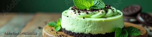Rich green mint cream on top of a white cheesecake with crushed Oreos, oreo, creamy