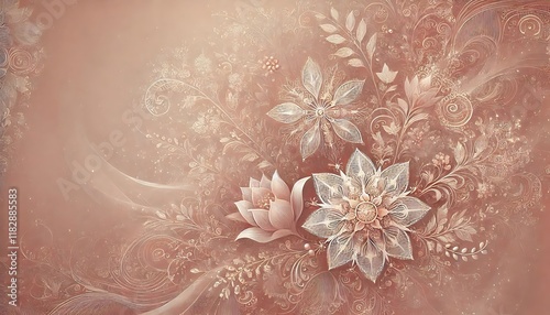 Soft dusty rose background with intricate lace-like floral patterns and subtle shimmer details