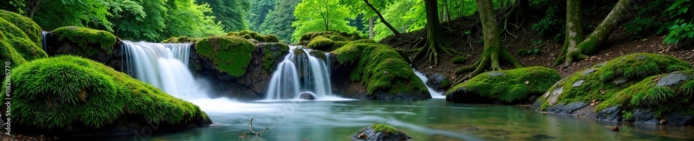 Fototapeta premium Serene waterfall cascades over moss-covered rocks in a lush forest background, calm, scenery