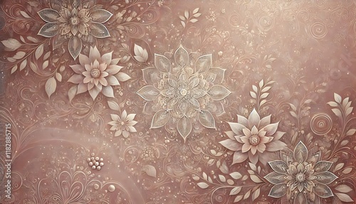 Soft dusty rose background with intricate lace-like floral patterns and subtle shimmer details