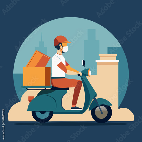 Delivery scooter with rider carrying food, set against city backdrop. This vibrant illustration captures essence of food delivery services, showcasing convenience and urban life