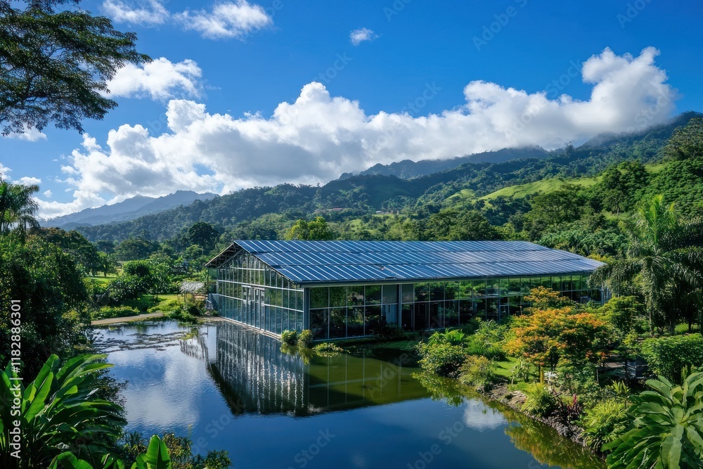 Fototapeta premium Tropical Greenhouse Solar Panels Mountain Reflection