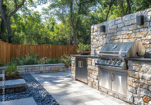 Wallpaper Mural Modern Outdoor Kitchen with Stone Barbecue Grill Surrounded by Lush Greenery and Stylish Landscaping in a Beautiful Backyard Setting Torontodigital.ca