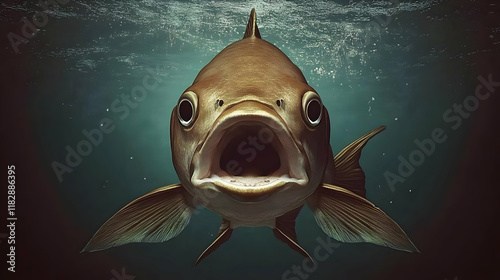 A Fish Opens Its Mouth Wide Underwater with Fins Outstretched Gracefully. photo