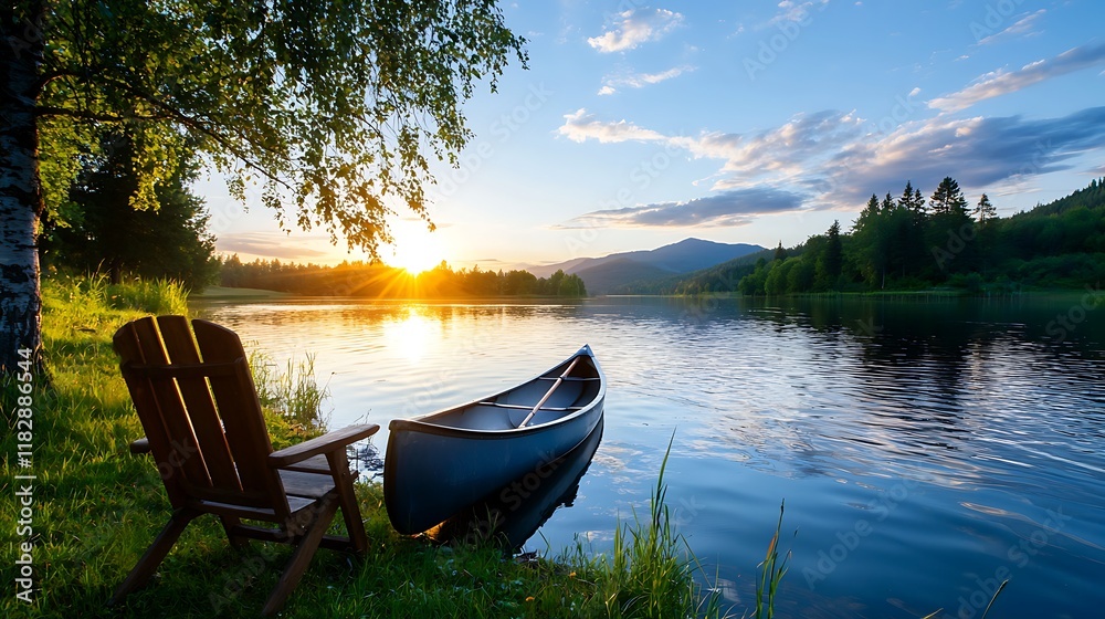 Serene sunset over calm lake with canoe and Adirondack chair. Serene sunset over calm lake with canoe and Adirondack chair.