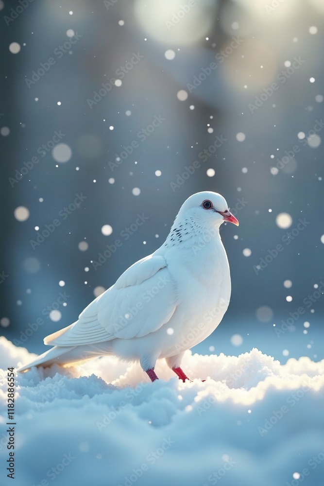Softly falling snowflakes surround a lone white dove in serene silence, serenity, dove Softly falling snowflakes surround a lone white dove in serene silence, serenity, dove