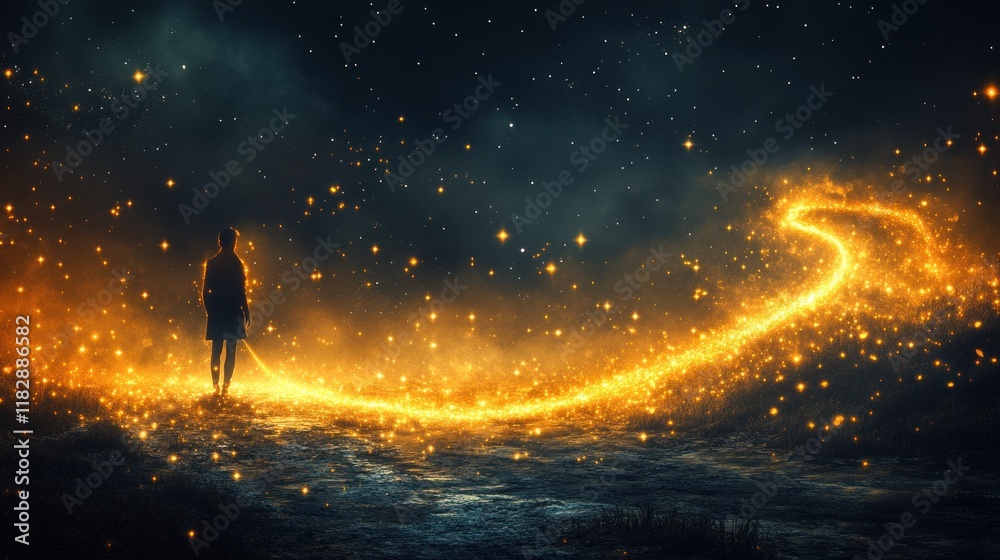 Silhouette of person gazing at a magical glowing path in the night. Silhouette of person gazing at a magical glowing path in the night.