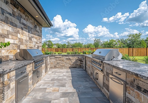 Wallpaper Mural Modern Outdoor Kitchen with Stylish Grills Surrounded by Lush Greenery and a Clear Blue Sky, Perfect for Entertaining and Summer Barbecues in a Contemporary Setting Torontodigital.ca