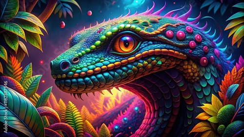 Glowing Serpent Ink: Neon-Veined Viper Tribal Ceremony Art photo