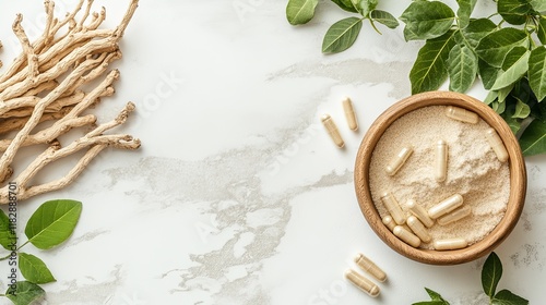 Wallpaper Mural Herbal supplement capsules and roots on marble.  Health, wellness blog use. Torontodigital.ca