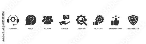 Customer care banner web icon illustration concept for customer support and telemarketing service with an icon of help, client, advice, chat, service, reliability, quality, and satisfaction	
